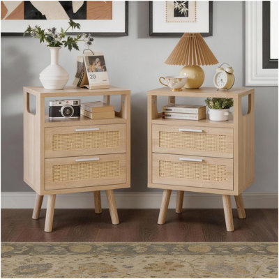 Ensemble de 2 tables de chevet avec poignées, 2 tiroirs et table de bout moderne en bois naturel avec poignées 15,4 po