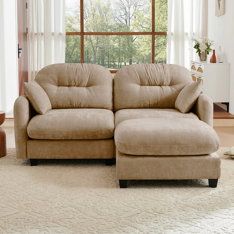 Canapé modulaire en L Cloud - repose-pieds, chenille douce, motif plissé matelassé - brun clair