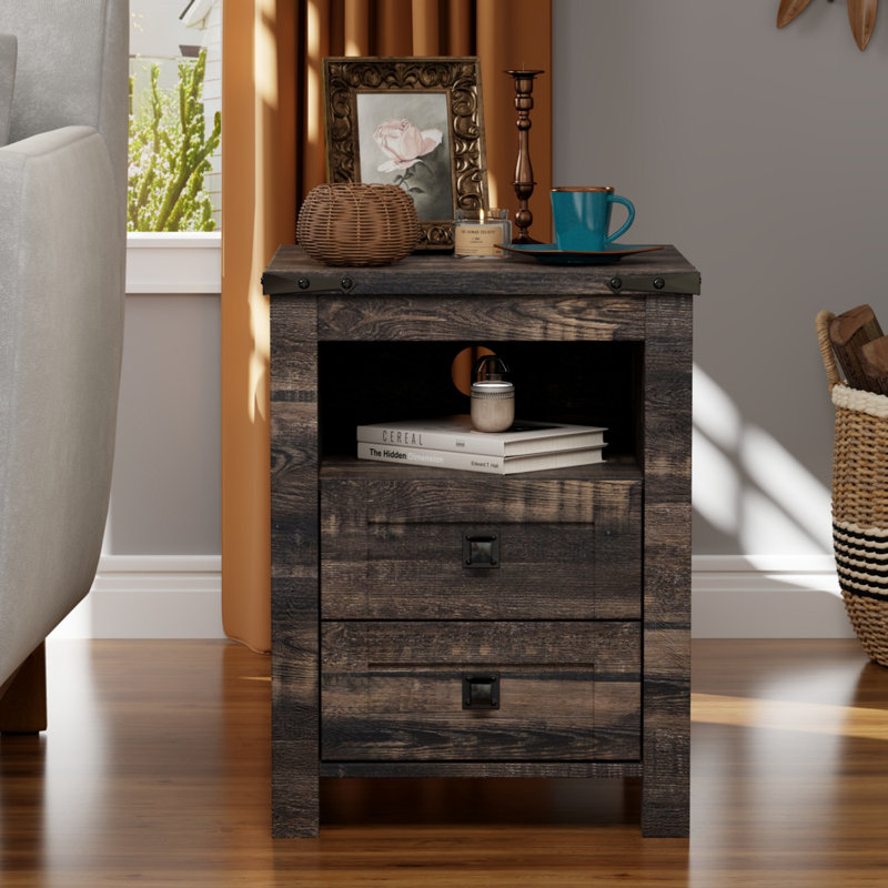 Farmhouse End Table With 2 USB Ports, 2 Power Outlets, Dark Gray