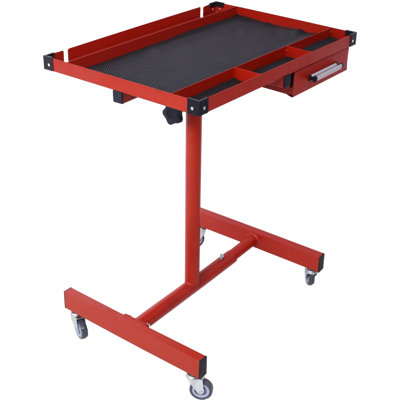Adjustable Tear Down Work Table 29"×20"×34" Metal 1 Piece Portable Red with Drawer, 4 2.5" Swivel Casters, 220 Pound Capacity, Rubber Corners