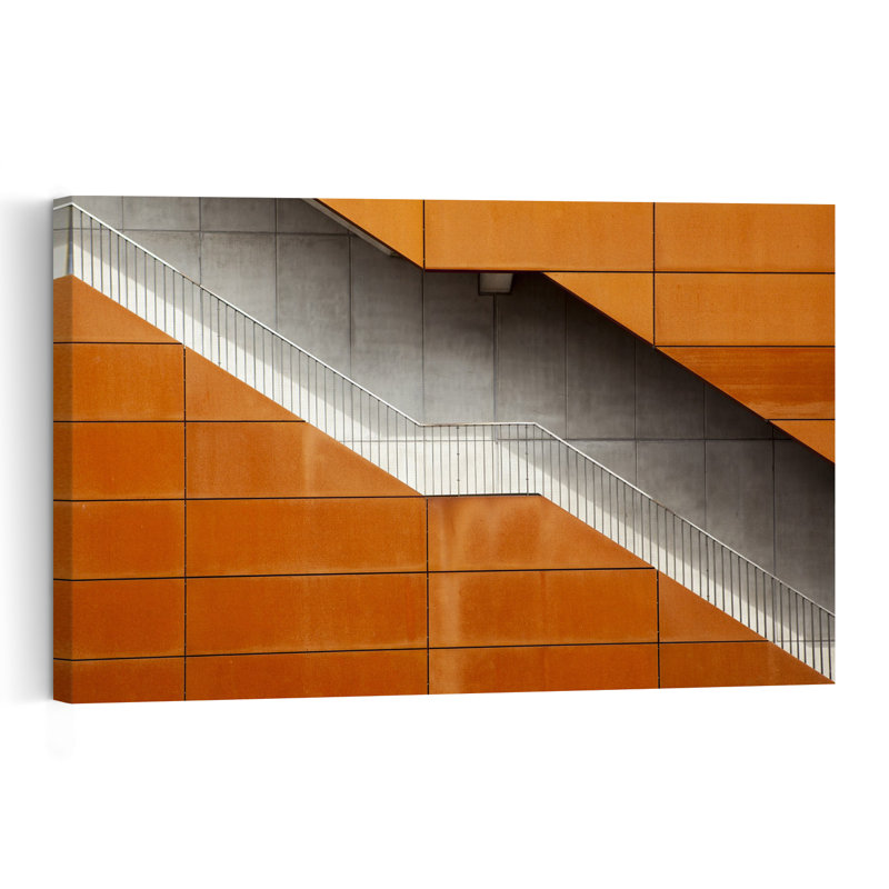 Orange, escalier en diagonale abstraite, architecture industrielle géométrique abstraite, impression d'art mural urbain