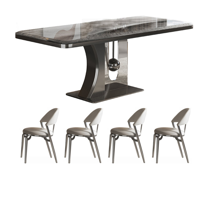 Microcrystalline Stone Dining Table And Chair 4 - Person Pedestal Dining Set, 29.5"H x 62.9"L x 33.4"W, Gray