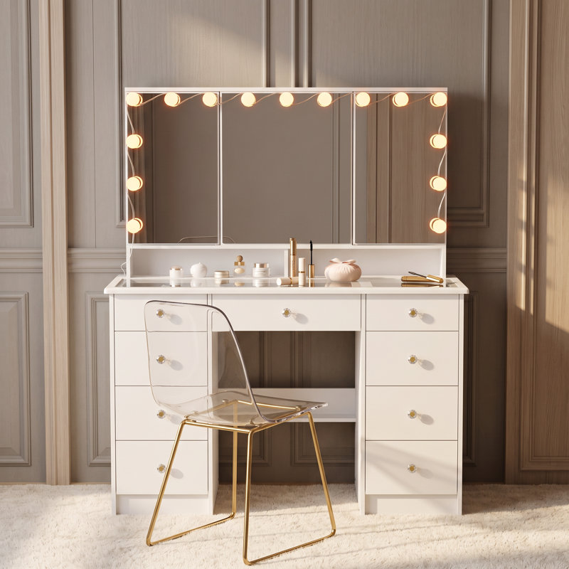 Meuble-lavabo blanc 53,6 "avec miroir tricolore à DEL et 9 tiroirs