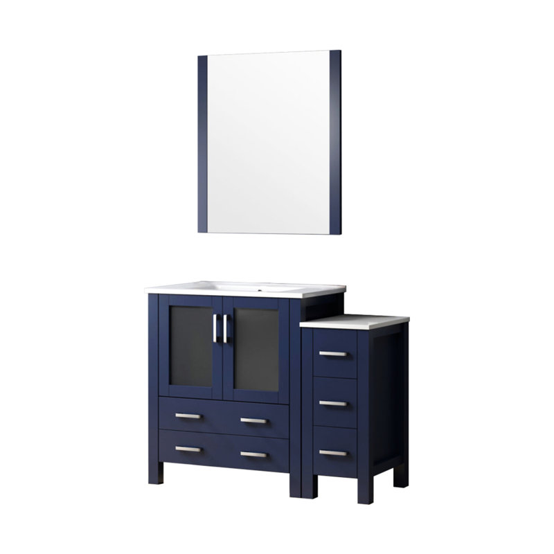 Meuble-lavabo bleu marine de 107 cm de large avec armoire latérale, comptoir en céramique blanche, miroir pratique de 71 cm, tiroirs à fermeture douce et grand espace de rangement sur le grand plateau, système de fermeture équilibré, résistant aux égratignures