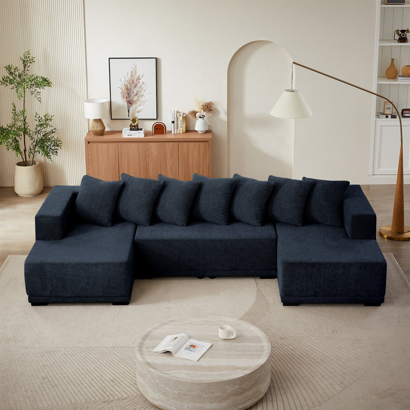 Chenille U-Shaped Sectional Sofa Set, Blue Chenille
