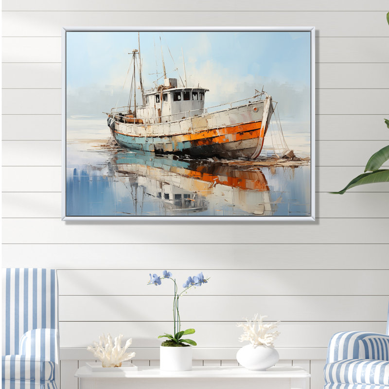 Bateau de pêche au port III - art mural bateau côtier, H 30 po x l 40 po x P 1,5 po, Cadre flottant blanc