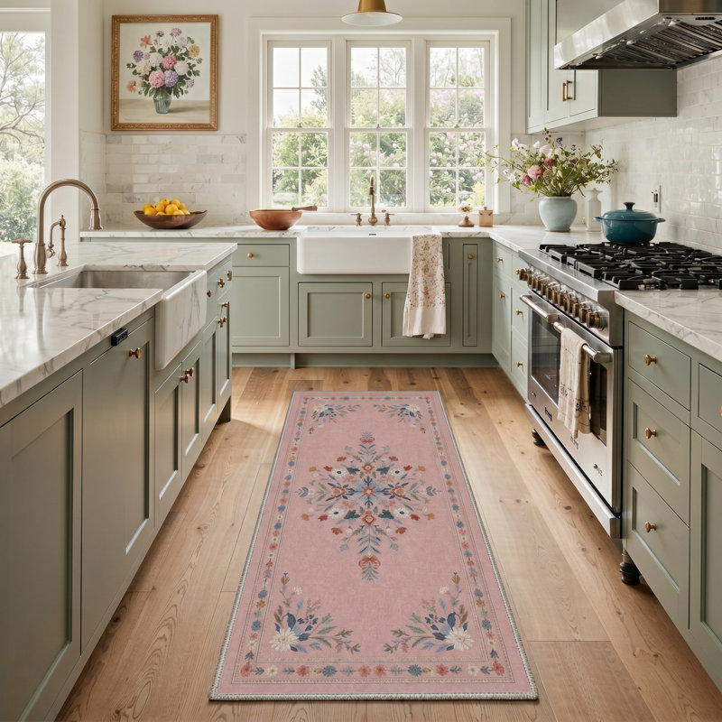 Tapis de couloir oriental délavé rétro lavable à la machine, tapis traditionnel rose et bleu antidérapant pour entrée de cuisine