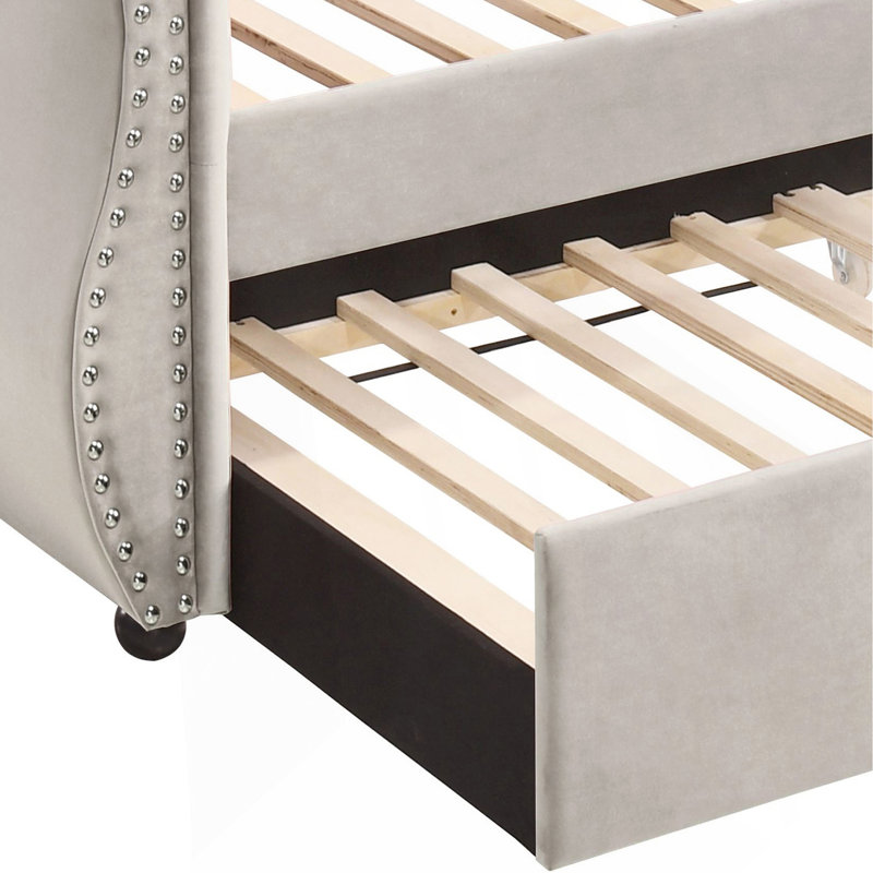 Beige Upholstered Twin Daybed with Trundle, Beige Velvet 