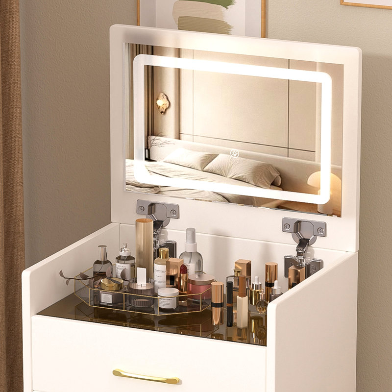 Meuble-lavabo 3 en 1 avec miroir ouvert, petit ensemble de coiffeuse avec bureau en verre visible, coiffeuse compacte avec 3 tiroirs, coiffeuse pour chambre à coucher