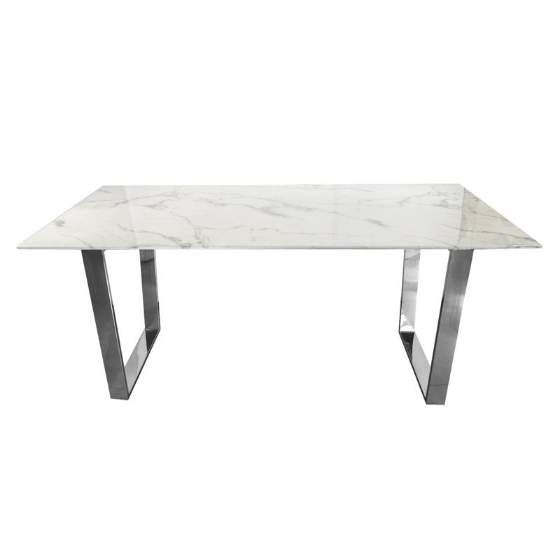 Motilal Faux Marble Top Metal Base Dining Table, White, 75"H x 160"L x 80"W, Silver