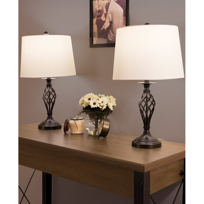 Lark Manor Spiral Cage Table Lamps - Set of 2 Oil-Rubbed Bronze, Modern Farmhouse Style, Bedside, or Living Room Lamps with White Drum Shades