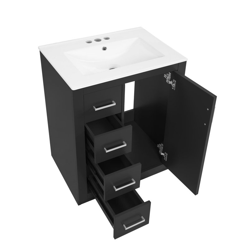 Meuble-lavabo moderne 24 po avec lavabo en céramique, Noir