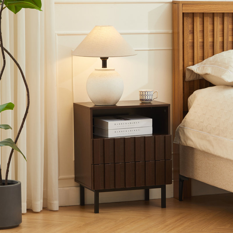 Table de chevet 2 tiroirs Wooden Stripe, Noyer