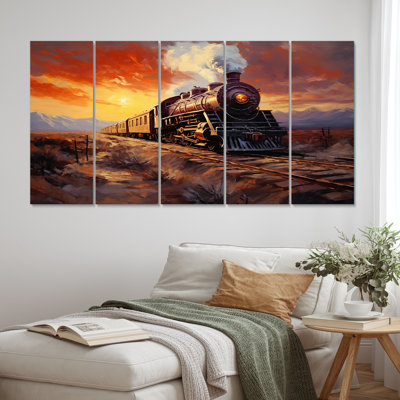 Steamtrain Travelling Sunset Landscape I - Train, décoration murale - 5 panneaux égaux