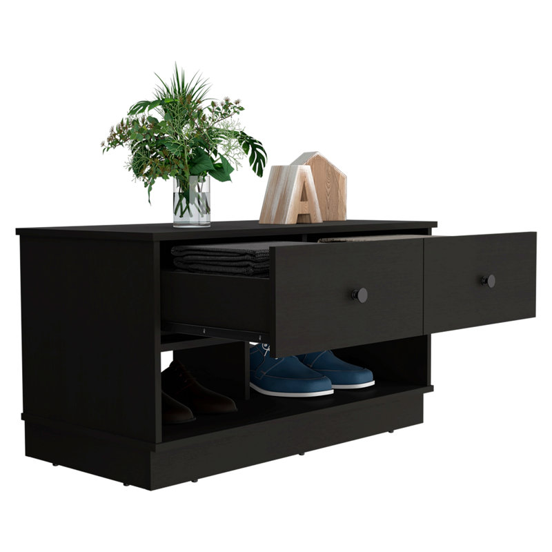 Banc de rangement, deux tablettes ouvertes, deux tiroirs - noir, Noir