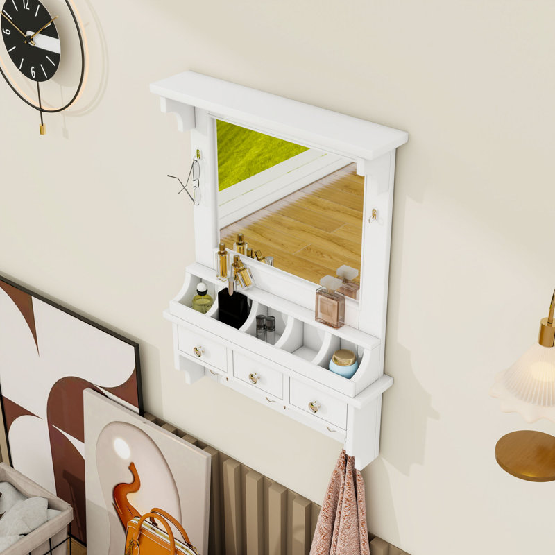 Meuble-lavabo flottant mural avec miroir HD, 3 tiroirs, poches et crochets