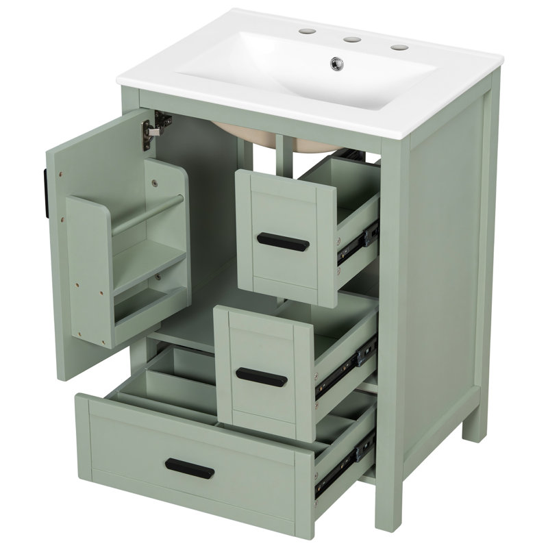 Meuble-lavabo de 24 po avec pieds en bois massif, panneaux et cadre de tiroir spacieux, portes et espace sous le lavabo spacieux