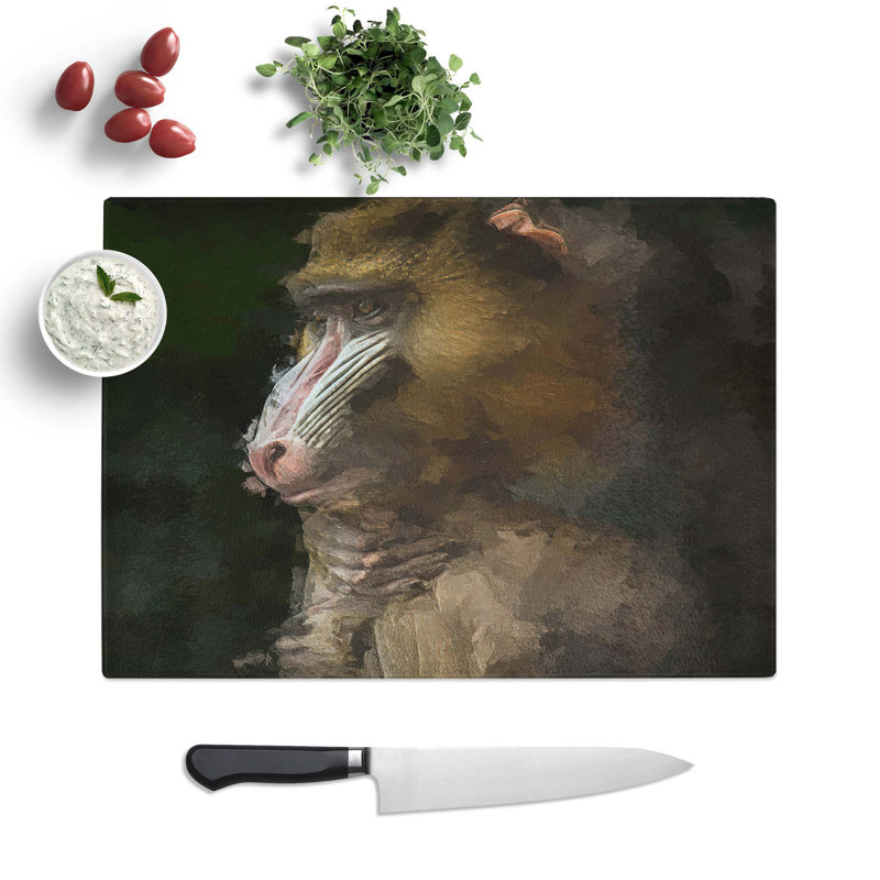 Glass Mandrill Monkey in Abstract Chopping Board, 28.5 cm W x 20 cm L