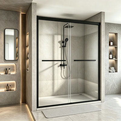 Porte de douche MonBlari, porte de douche coulissante double avec cadre l 55 à 60 po x H 76 po, verre trempé transparent de 1/4 po (6 mm) d'épaisseur, pour douche à l'italienne, noir mat