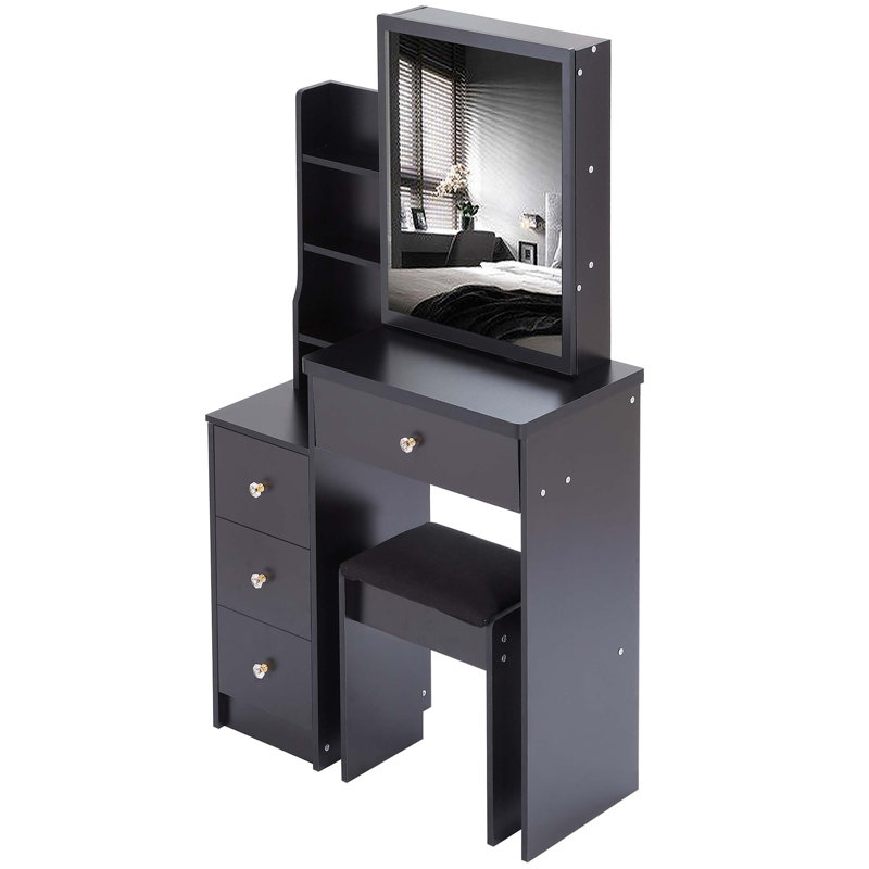 Maestri Small Space Left Bedside Cabinet Vanity Table + Cushioned Stool, Extra Large Right sliding mirror, Black 2