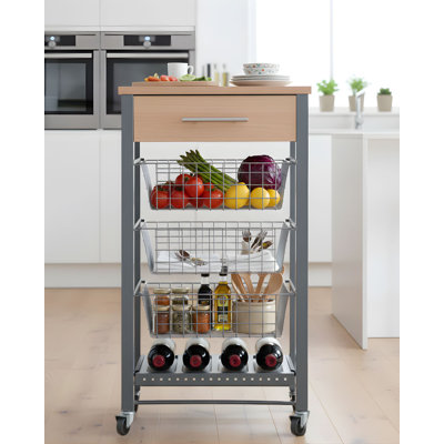 April Kitchen Trolley With 3 Baskets, Stainless Steel Box, Bottle Rack And Beech Colour Chart