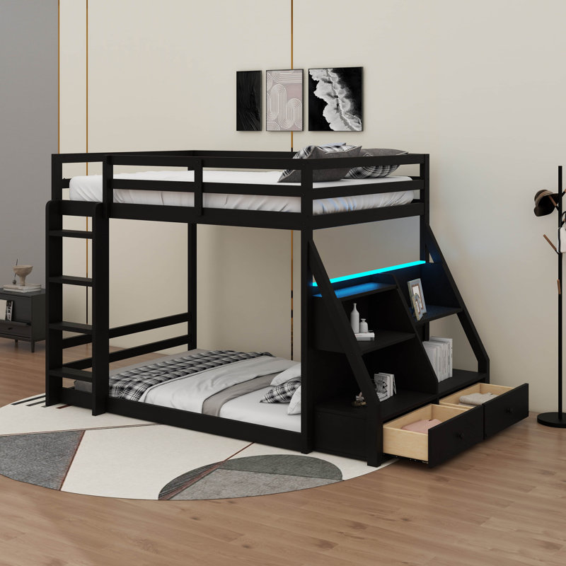 Lit superposé avec ports USB, tablettes de rangement et 2 tiroirs, lit avec garde-corps et échelles, lumières DEL contrôlées par l'application