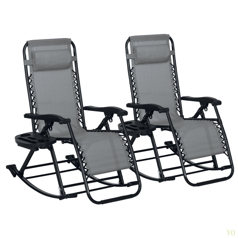 Outsunny 2 Pieces Outdoor Rocking Chairs, Foldable Reclining Zero Gravity Lounge Rocker With Pillow, Cup & Phone Holder, Combo Design With Folding Legs
