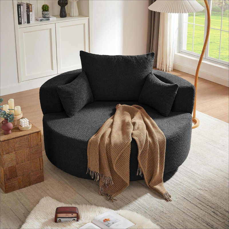 Sièges de salon et de bureau à domicile: Fauteuil demi-tonneau pivotant à 360 ° en chenille de ton noir, fauteuil d'appoint rond moderne pour une détente quotidienne