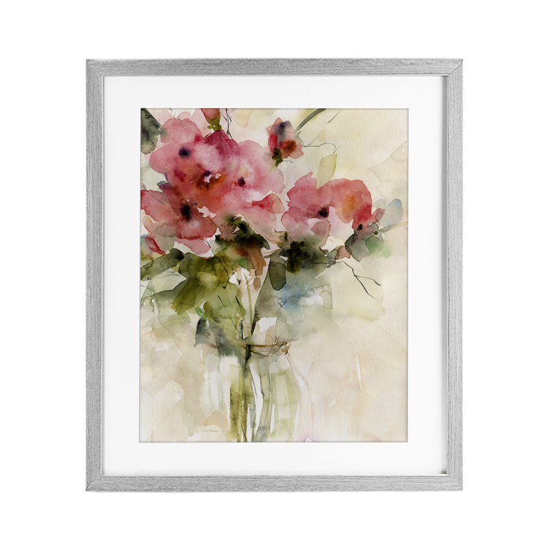 Reproduction sous verre abstrait encadrée d'un bouquet de roses abstraites, design par Carol Robinson, H 16 po x l 13 po