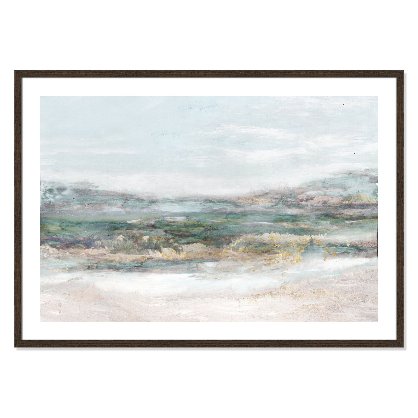 Lori "Dazzling" Painting by Matina Theodosiou, White, 29.5" H x 41.5" W x 0.75" D, Walnut Wood Grain Framed Paper