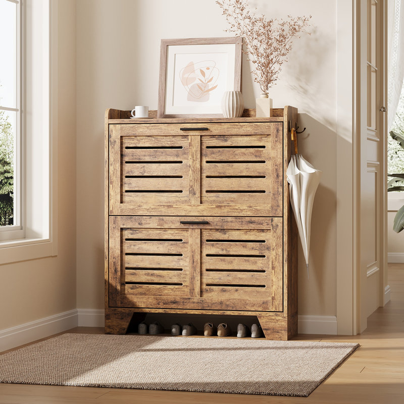38 inch Brown Farmhouse Slim Shoe Cabinet with 2 Flip-Drawers & 2 Built-in Hooks Narrow Wood Shoe Organizer for Entryway Hallway & Small Space Storage