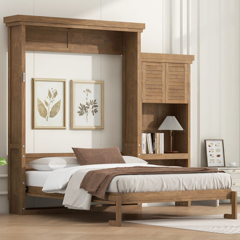 Grand lit escamotable avec tablettes - lit escamotable mural en bois à persiennes, rangement peu encombrant, Bois