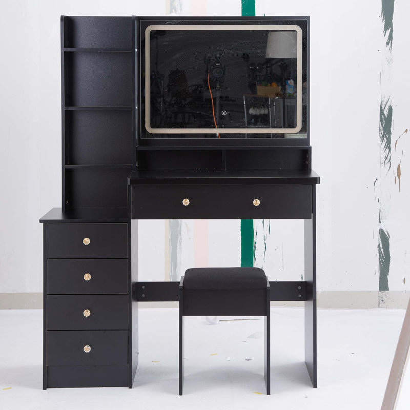 41" Large Size Left Bedside Cabinet Vanity Table+Cushioned Stool, Extra Large Touch Control LED Mirror, 3-Color Switch, Multi Layer High Capacity Storage Fashionable Dresser, Suitable For Large Space