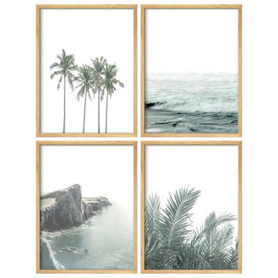 «Coastal Serenity Green and White Tones Modern Artwork Minimalist Wall Decor», 4 pièces