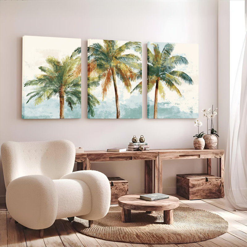 Ensemble de 3 tableaux muraux sur toile de style aquarelle représentant des palmiers, H 36 po x l 72 po