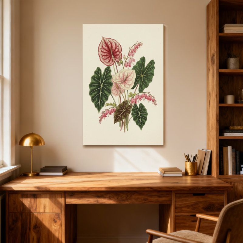 Arrangement floral de plantes et de fleurs avec des feuilles roses et vertes, H 18 po x l 12 po