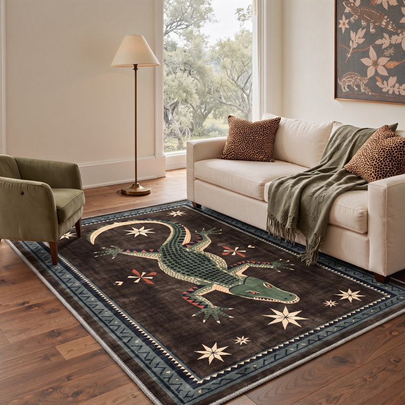 Tapis brun / vert lavable à la machine à imprimé bloc avec envers antidérapant, Rectangle 5 pi x 7 pi