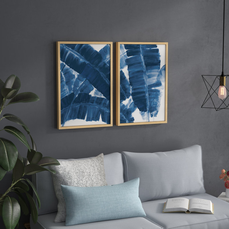 «Blue Banana Leaves Diptych» par Marmonth Hill - impression sur papier encadrée 2 pièces, H 24 po x l 16 po x P 1,5 po