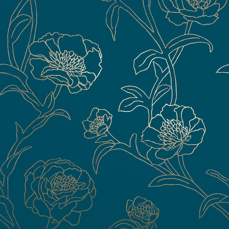 Papier peint adhésif pivoines, Bleu paon / or métallique, L 16,5 po x l 20,5 po