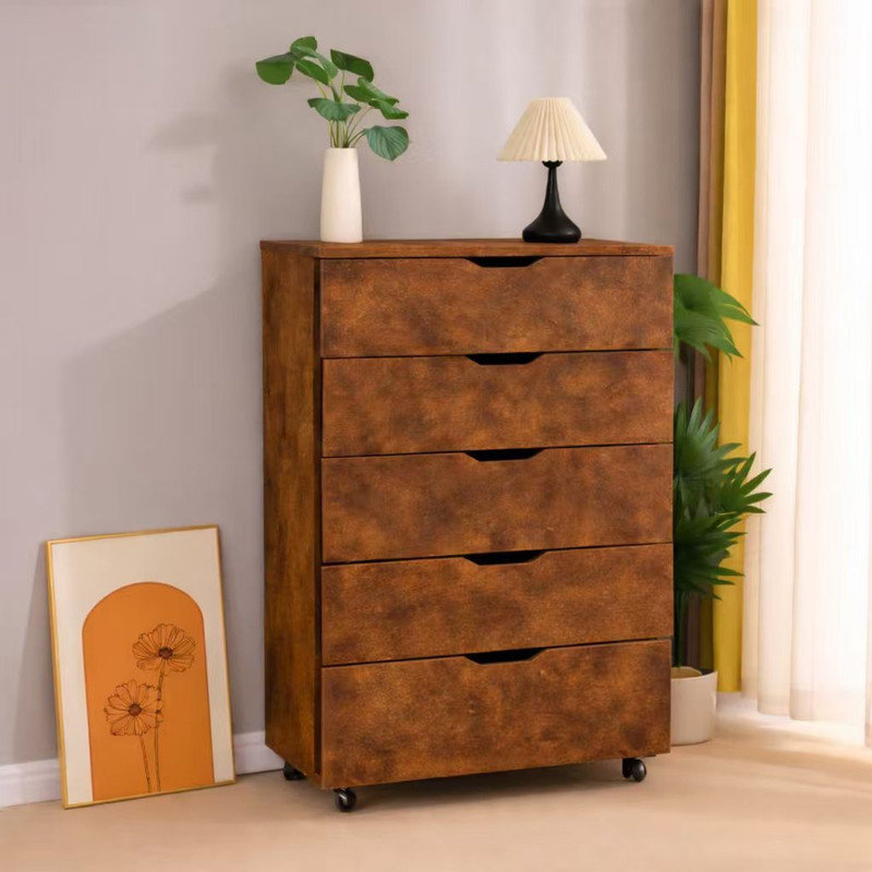 Rustic Brown 5-Drawer Rolling Dresser with Wheels, Mobile Storage Chest, Freestanding Wide Organizer Cabinet for Bedroom & Closet, 30.71"Wx15.75"Dx44.49"H