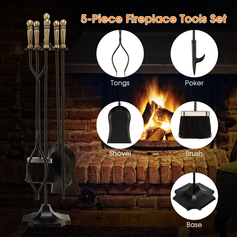 Heavy Duty Black Iron 5-Piece Fireplace Tool Set with Brass Handles