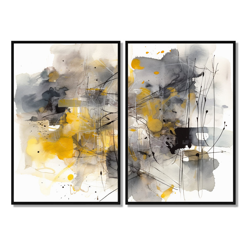 Jaune et gris au-delà de la toile II - art mural abstrait 2 panneaux, Black, 36" H x 48" W, Impression encadrée flottante