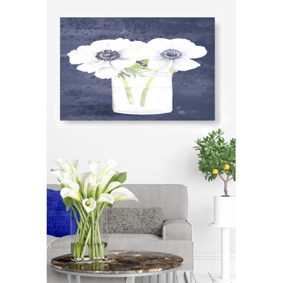 Fleurs dans un pot, Anémies, Floral, Fleurs, Paisible, Tranquille, Doux, Propre, Bleu marine, Vert, Sur bleu, Bleu marine, Blanc