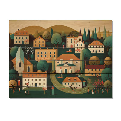 «Small Town Village I», reproduction de paysage moderne sur bois de pin naturel