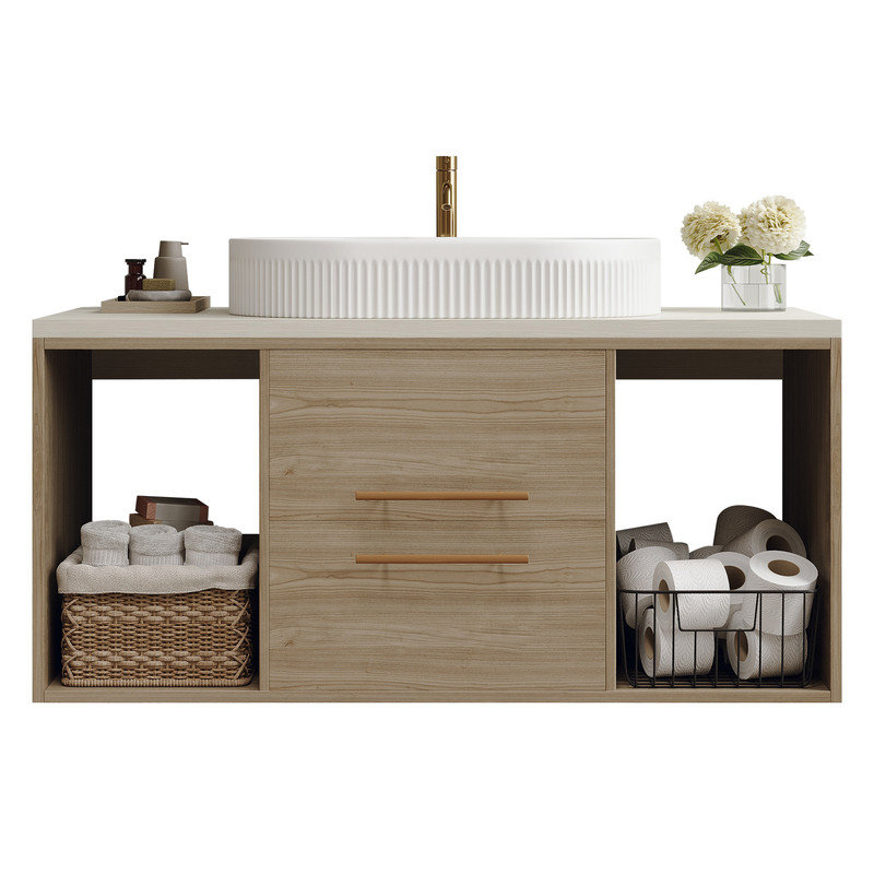Modern 40 " Wall-Mounted Bathroom Vanity with Oval Ceramic Sink Floating Vanity Multi-Layer Solid Wood Cabinet, Wood