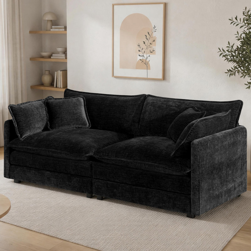 Canapé moderne en chenille avec 4 coussins - assise profonde, structure en bois massif, Chenille noir