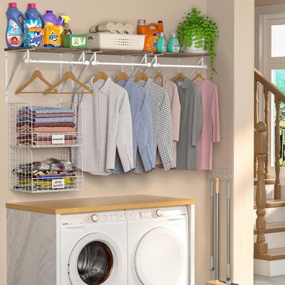 2 Set Laundry Room Wall Mounted Shelves With Wire Storage Baskets,White