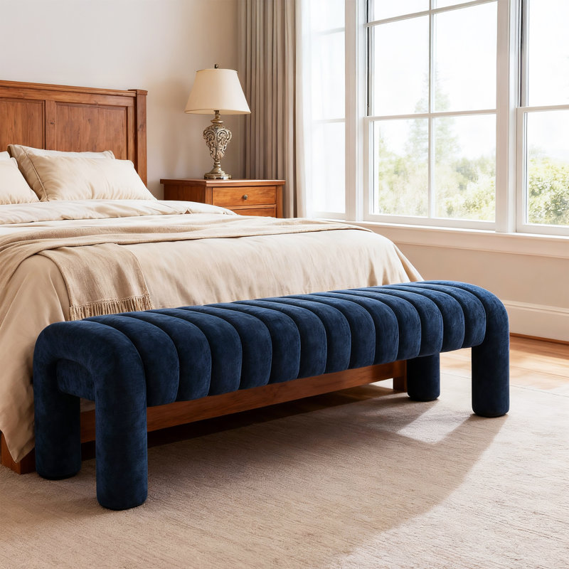Oyan Channel Tufted Upholstered Bench , WhiteTeddy, 17" H x 63" W x 17.3" D