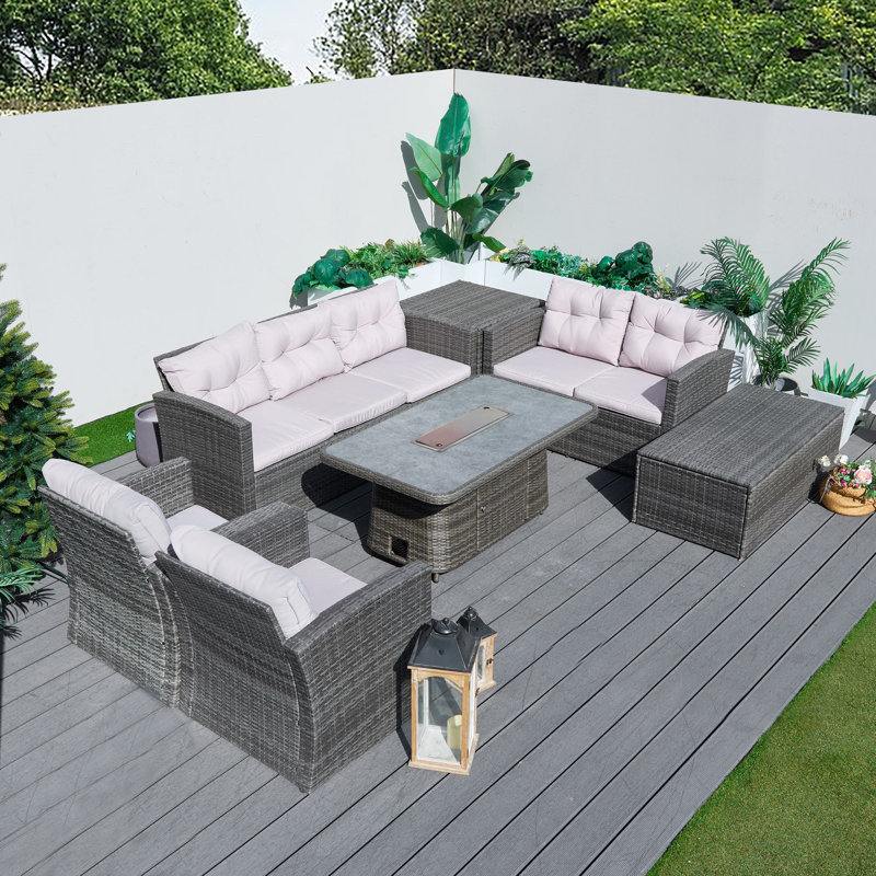 Ensemble de conversation d'extérieur pour 7 personnes avec table de foyer réglable Atlante, Grey