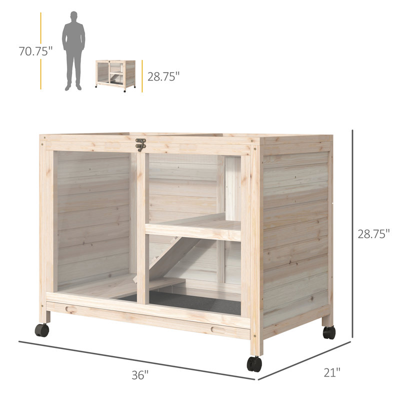 Cage à lapin d'intérieur avec roues mobiles - Bois naturel, imperméable, compacte